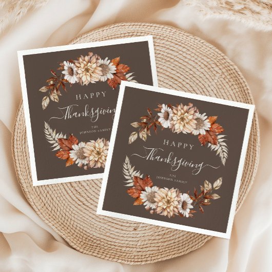 Rustikales Brown Fall Floral Happy Thanksgiving Serviette