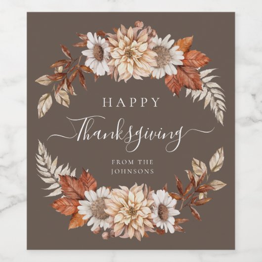 Rustikales Brown Fall Floral Happy Thanksgiving Weinetikett (Einzelnes Label)