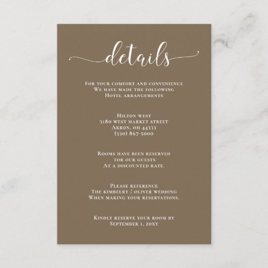 Rustikales Brown Simple Calligraphy Modern Wedding Begleitkarte (Vorderseite)
