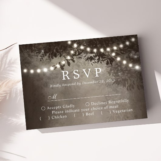 Rustikales Brown Tree String Lights Wedding RSVP