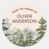 Rustikales Buchzeichen Watercolor Forest & Mountai Runder Aufkleber (Vorderseite)