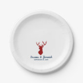 Rustikales Buck Deer in Rot und Blau Hochzeitsempf Pappteller (Vorderseite)