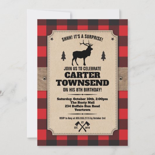 Rustikales Buffalo Kariert Elk Kraft Panel Geburts Einladung (Vorderseite)