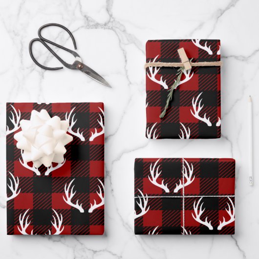 Rustikales Buffalo Kariert & White Deer Antler Geschenkpapier Set (Vorderseite)