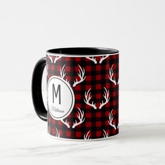 Rustikales Buffalo Kariert & White Deer Antler Mon Tasse (Vorderseite Links)