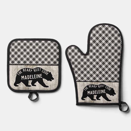 Rustikales Buffalo Karierte Holzhütte Schwarzbär n Ofenhandschuh & Topflappen-Set (Vorderseite)