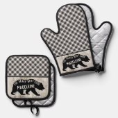 Rustikales Buffalo Karierte Holzhütte Schwarzbär n Ofenhandschuh & Topflappen-Set (Vorderseite/Rückseite)