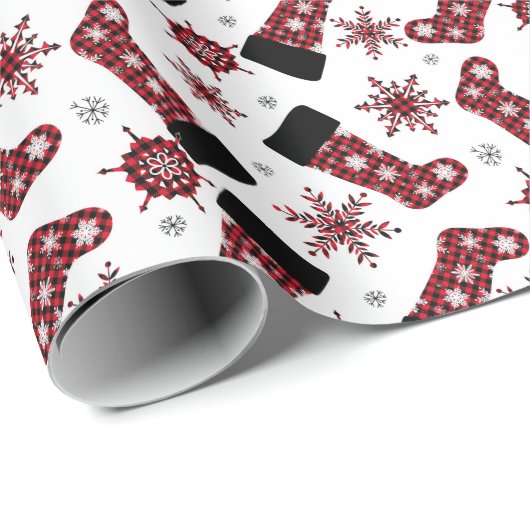 Rustikales Buffalo Karierter Strumpf Schneeflocken Geschenkpapier (Rolleneckpunkt)