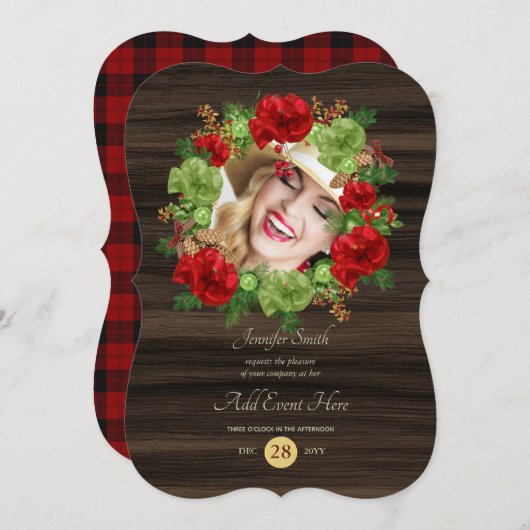 Rustikales Buffalo Kariertes FOTO Wreath Modernes  Einladung (Vorne/Hinten)