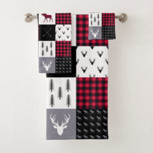 Rustikales Buffalo Kariertes Patchwork Rotes Weihn Badhandtuch Set