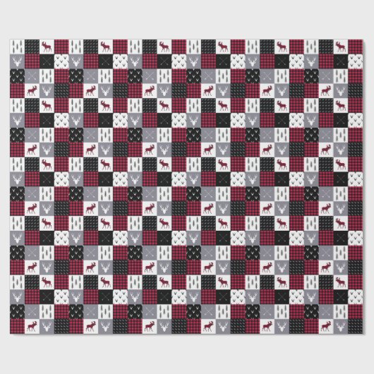 Rustikales Buffalo Kariertes Patchwork Rotes Weihn Geschenkpapier (Flach)