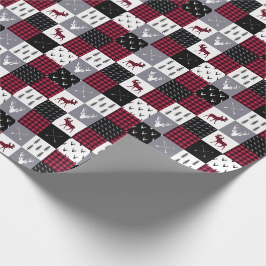 Rustikales Buffalo Kariertes Patchwork Rotes Weihn Geschenkpapier (Ecke)
