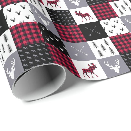 Rustikales Buffalo Kariertes Patchwork Rotes Weihn Geschenkpapier (Rolleneckpunkt)