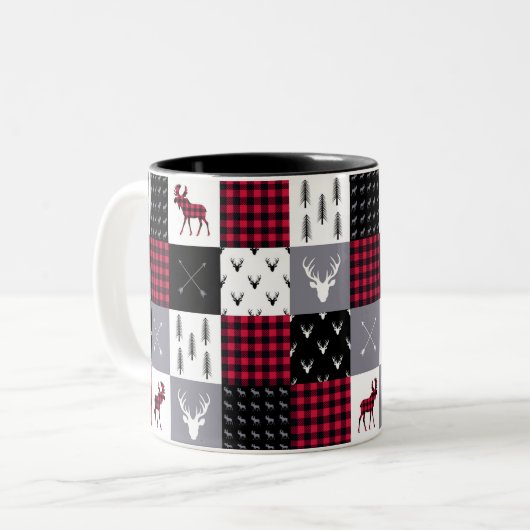 Rustikales Buffalo Kariertes Patchwork Rotes Weihn Zweifarbige Tasse (Vorderseite Links)