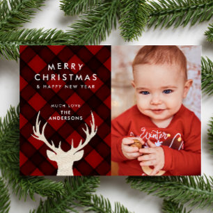 Rustikales Büffel-Karo & Rentiere Weihnachtsfoto Feiertagskarte