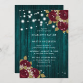 Rustikales Burgund-Aquamarines Holzleuchten Blumen Einladung (Vorne/Hinten)