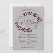 Rustikales Burgund-Blätter Elegante Gray Wedding Einladung (Vorderseite)