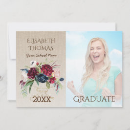 Rustikales Burgund Blume Burlap Foto Abschluss Einladung