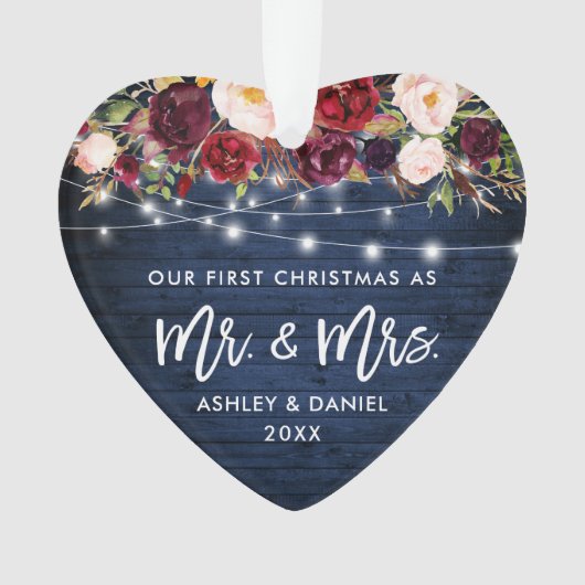 Rustikales Burgund Blumen Lichter Weihnachten Blau Ornament (Vorderseite)