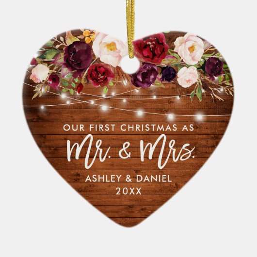 Rustikales Burgund Blumenleuchten Erste Weihnachte Keramik Ornament (Vorne)