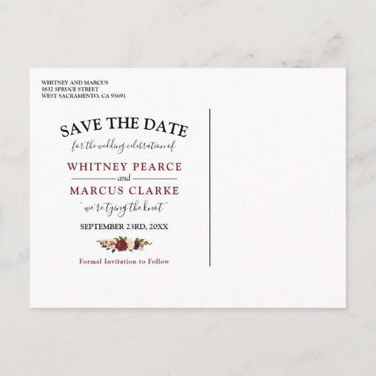 Rustikales Burgund Blush Floral Boho Save the Date Ankündigungspostkarte (Rückseite)