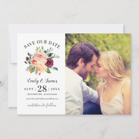 Rustikales Burgund Blush Floral Wedding Foto Save The Date (Vorderseite)