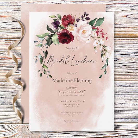 Rustikales Burgund & Blush Pink Roses Bridal Lunch Einladung