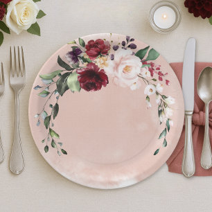 Rustikales Burgund & Blush Pink Roses Bridal Lunch Pappteller