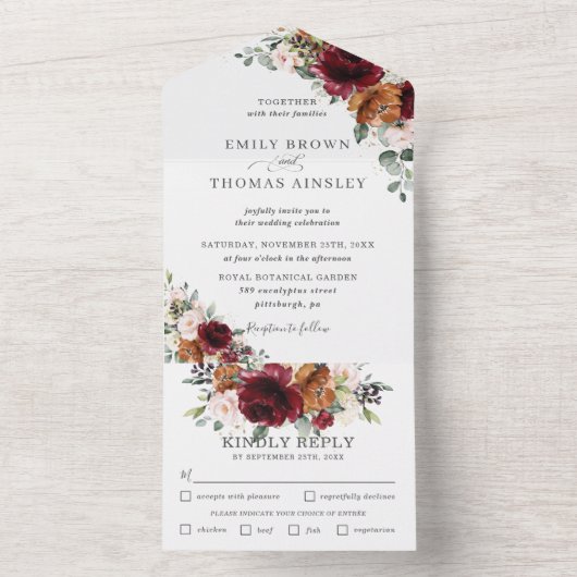 Rustikales Burgund Blush Rust Elfenbeinblumenhochz All In One Einladung (Innen Boden)