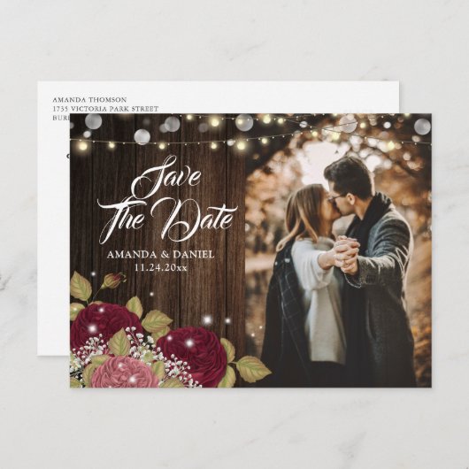 Rustikales Burgund Blush Wedding Foto Save the Dat Ankündigungspostkarte (Vorne/Hinten)