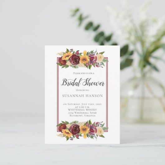 Rustikales Burgund-Blütenblumen-Brautparty Postkarte (Stehend Vorderseite)