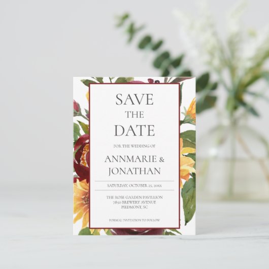 Rustikales Burgund-Blütengelb-Gelb-Sonnenblumen Save The Date (Stehend Vorderseite)
