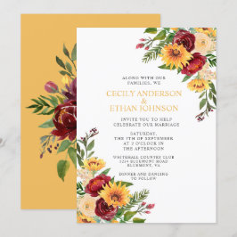 Rustikales Burgund-Blütengelbe Sonnenblumen Hochze Einladung