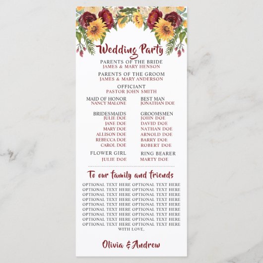 Rustikales Burgund-Blütengelbe Sonnenblumen Hochze Programm (Rückseite)