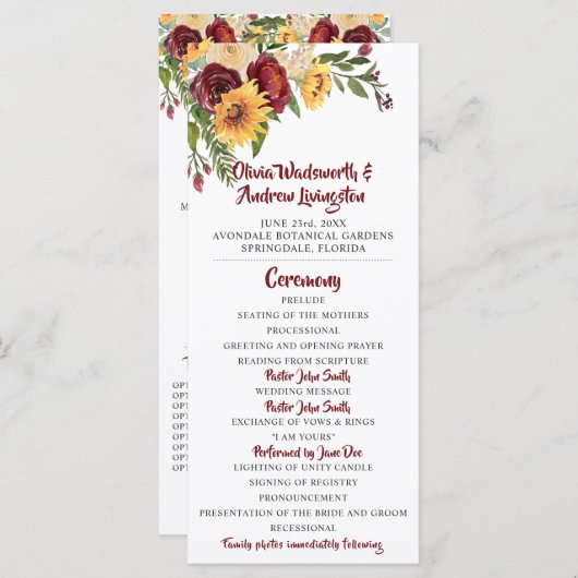 Rustikales Burgund-Blütengelbe Sonnenblumen Hochze Programm (Vorne/Hinten)