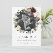 Rustikales Burgund Elfenbein Weißes Foto Dankeskarte (Stehend Vorderseite)