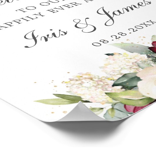 Rustikales Burgund Elfenbeinblütenhochzeit Begrüßu Poster (Ecke)