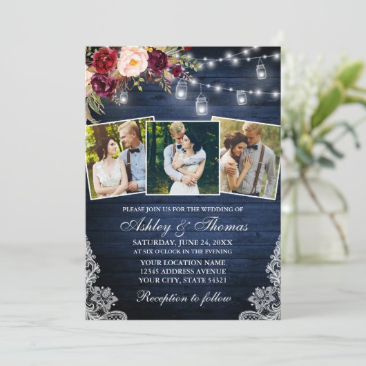 Rustikales Burgund Floral 3 Foto Jar Lights Hochze Einladung (Stehend Vorderseite)
