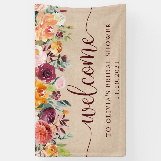 Rustikales Burgund Floral auf Kraft Look | Willkom Banner (Vertikal)