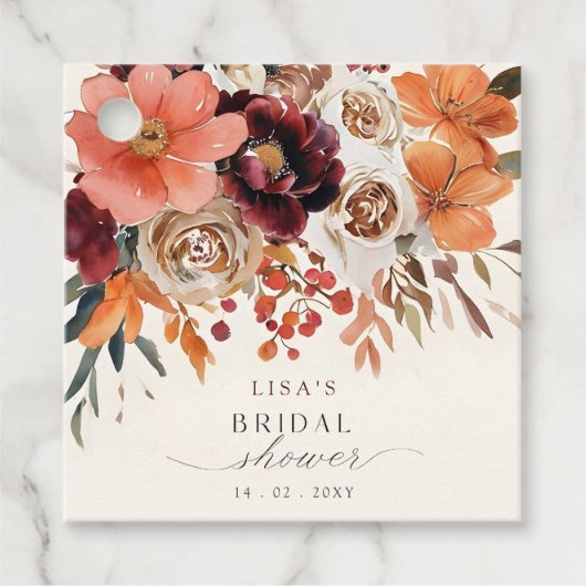 Rustikales Burgund Floral Fall Brautparty Geschenkanhänger (Vorderseite)