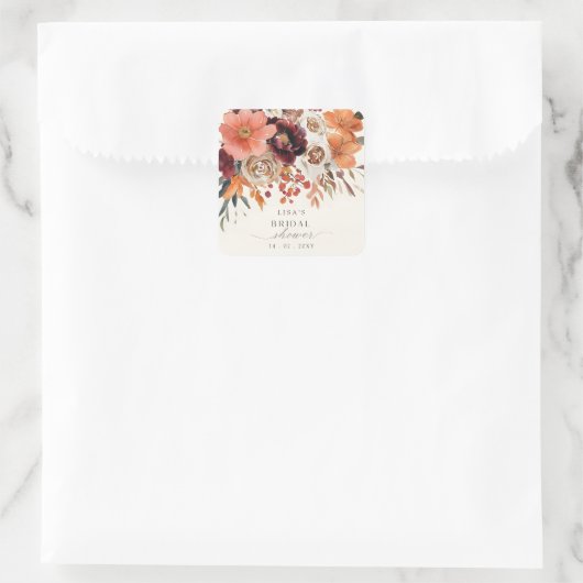 Rustikales Burgund Floral Fall Brautparty Quadratischer Aufkleber (Tasche)