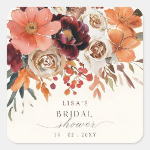 Rustikales Burgund Floral Fall Brautparty Quadratischer Aufkleber