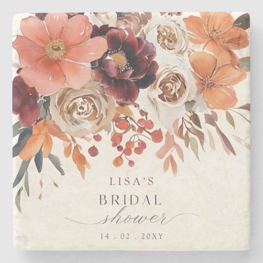 Rustikales Burgund Floral Fall Brautparty Steinuntersetzer (Vorderseite)