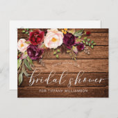 Rustikales Burgund-Floral-Holz-Brautparty Einladungspostkarte (Vorne/Hinten)