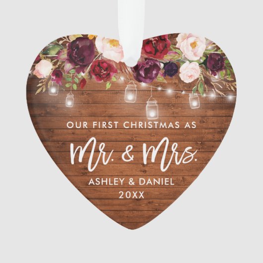 Rustikales Burgund Floral Jar Lichter Erste Weihna Ornament (Vorderseite)