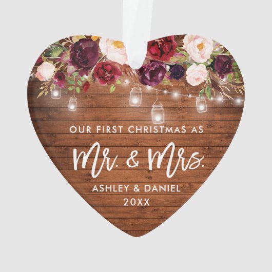 Rustikales Burgund Floral Jar Lichter Erste Weihna Ornament (Rückseite)