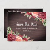 Rustikales Burgund Floral Wasserfarbe Save the Dat Ankündigungspostkarte (Vorne/Hinten)