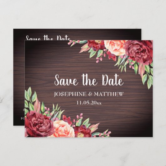 Rustikales Burgund Floral Wasserfarbe Save the Dat Ankündigungspostkarte (Vorne/Hinten)