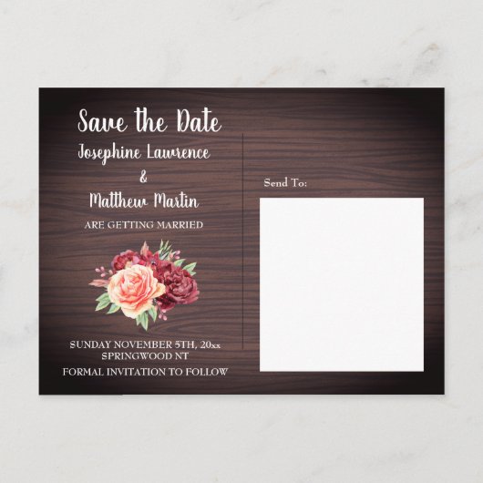 Rustikales Burgund Floral Wasserfarbe Save the Dat Ankündigungspostkarte (Rückseite)