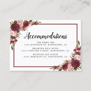 Rustikales Burgund Floral Wedding Hotel Unterkunft Visitenkarte